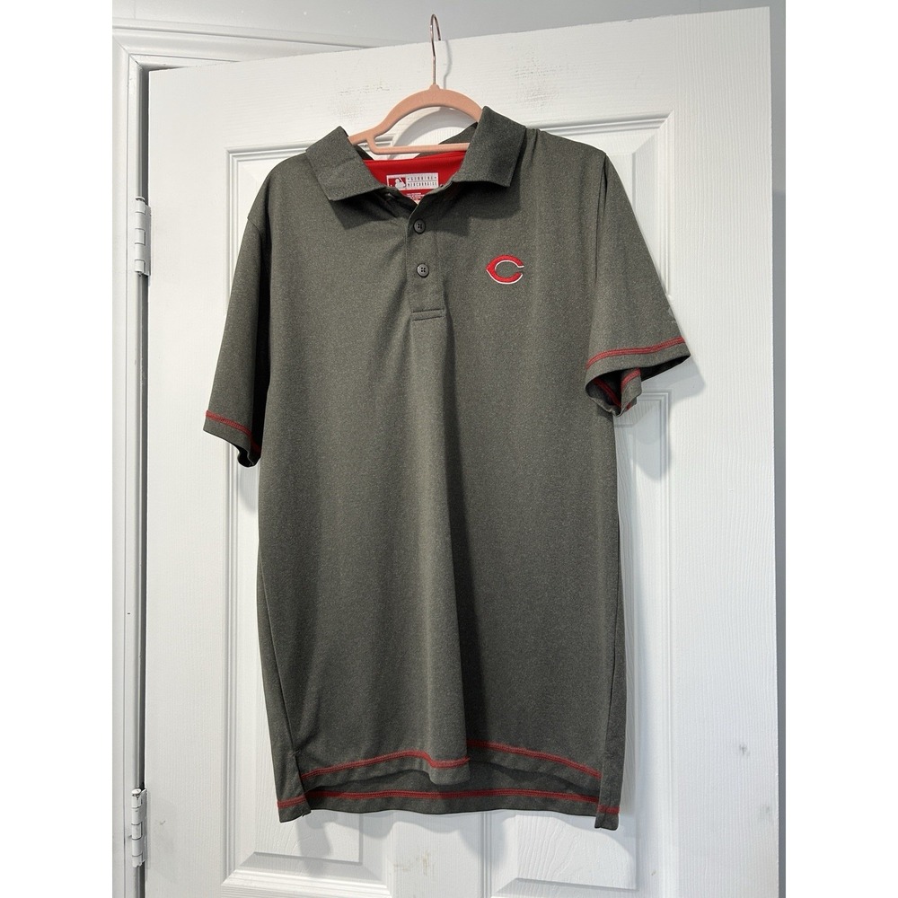 True Fan Cincinnati Reds Men's Polo Golf Shirt Short Sleeve Medium Logo MLB Gray